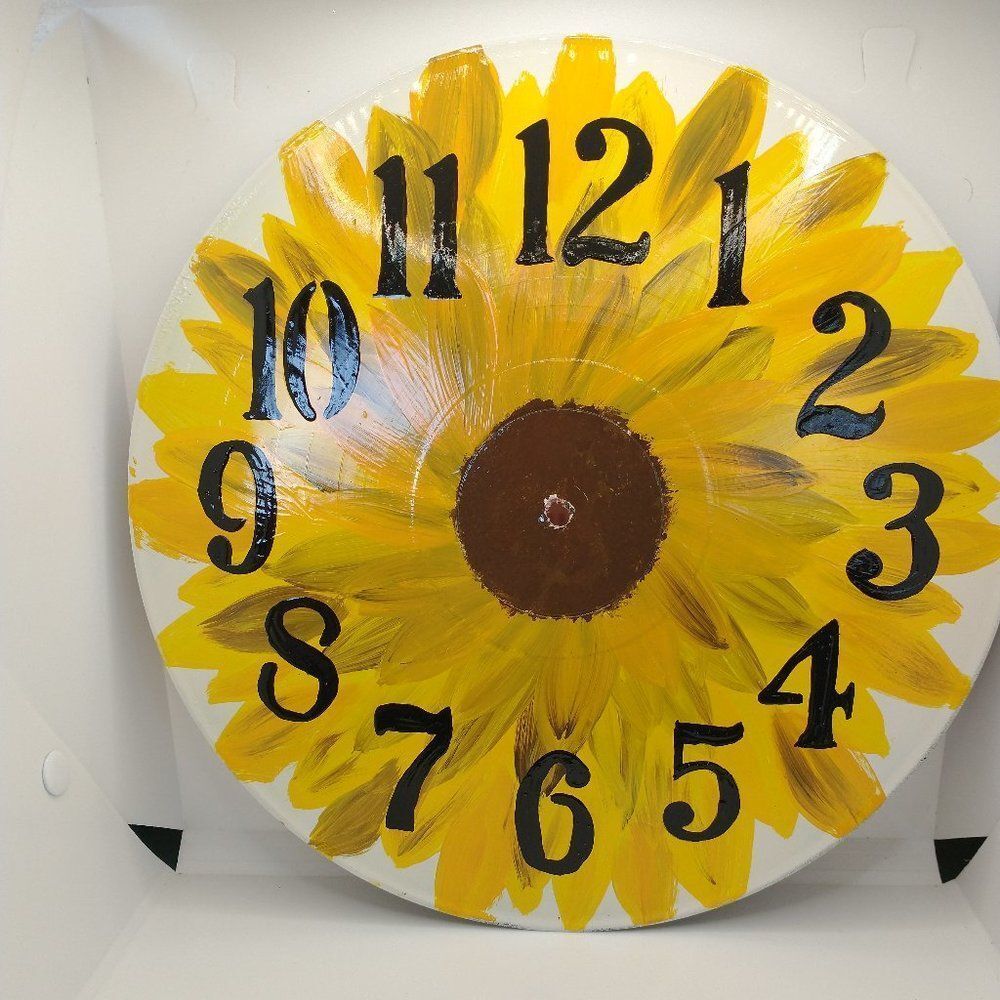 Hand Crafted Sunflower Hanging Wall Clock Analog  Vinyl Record Fluid Art Decor